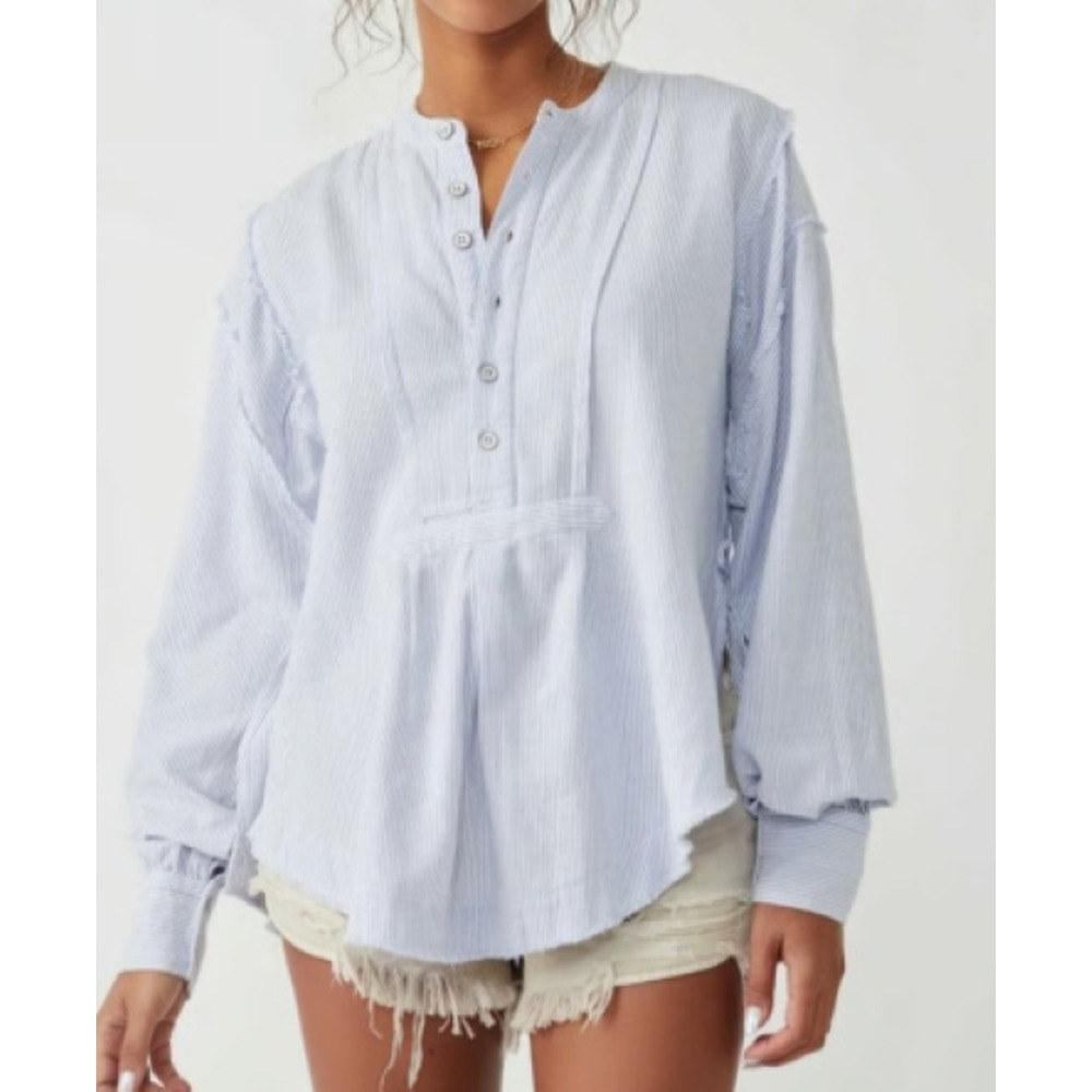 WE THE FREE Top M FREE PEOPLE Edge Washed Pinstripe Cotton Shirt Popover Blue